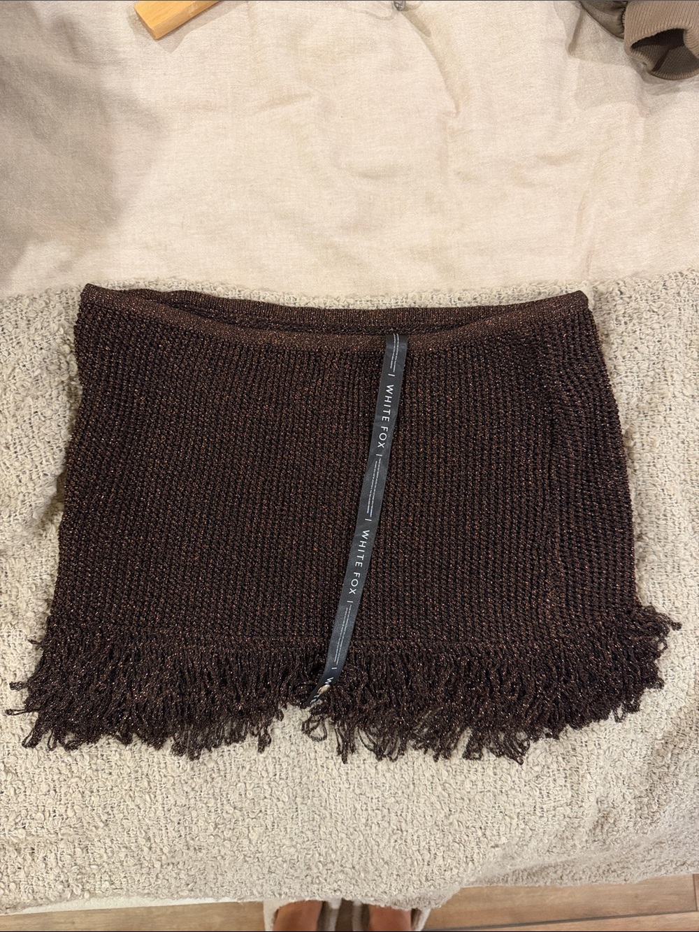 White Fox Boutique Brown Knit Fringe Mini Skirt